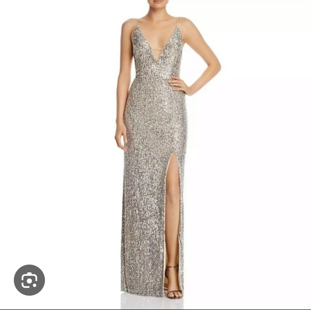 Aidan Mattox Champagne Silver Sequin Long Dress With Slit